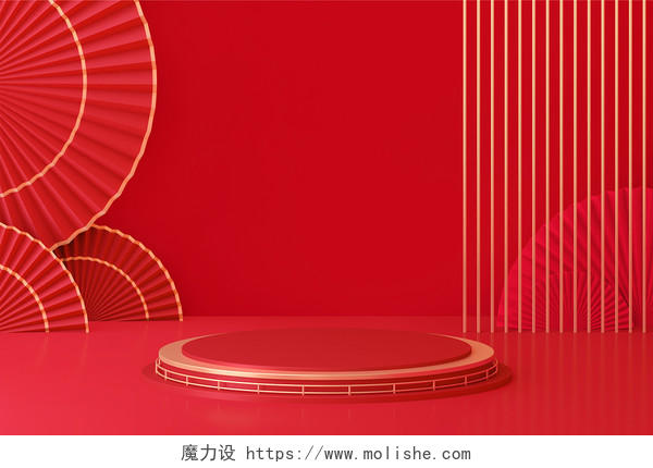红色古风3D立体扇子中式复古扇形通用立体背景